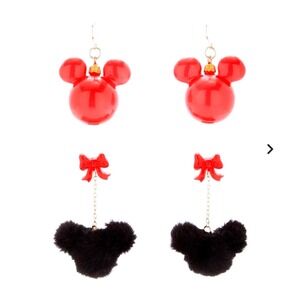 Disney Mickey Mouse Christmas Earring Set Red Ornament & Black Fuzzy Bow 2 Pair
